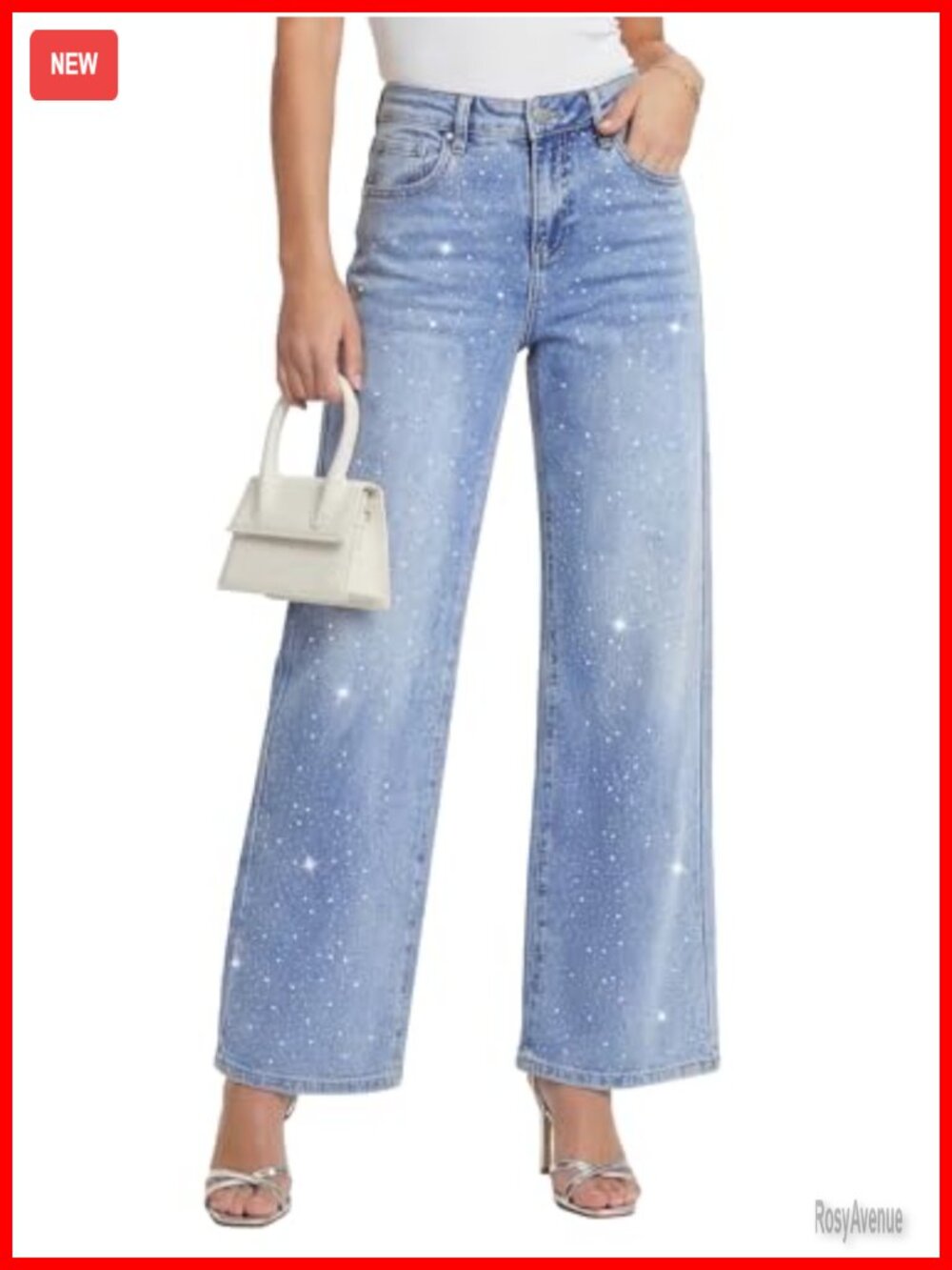 Rhinestone High Waisted Straight Leg Jeans Bedazzled Denim Pants